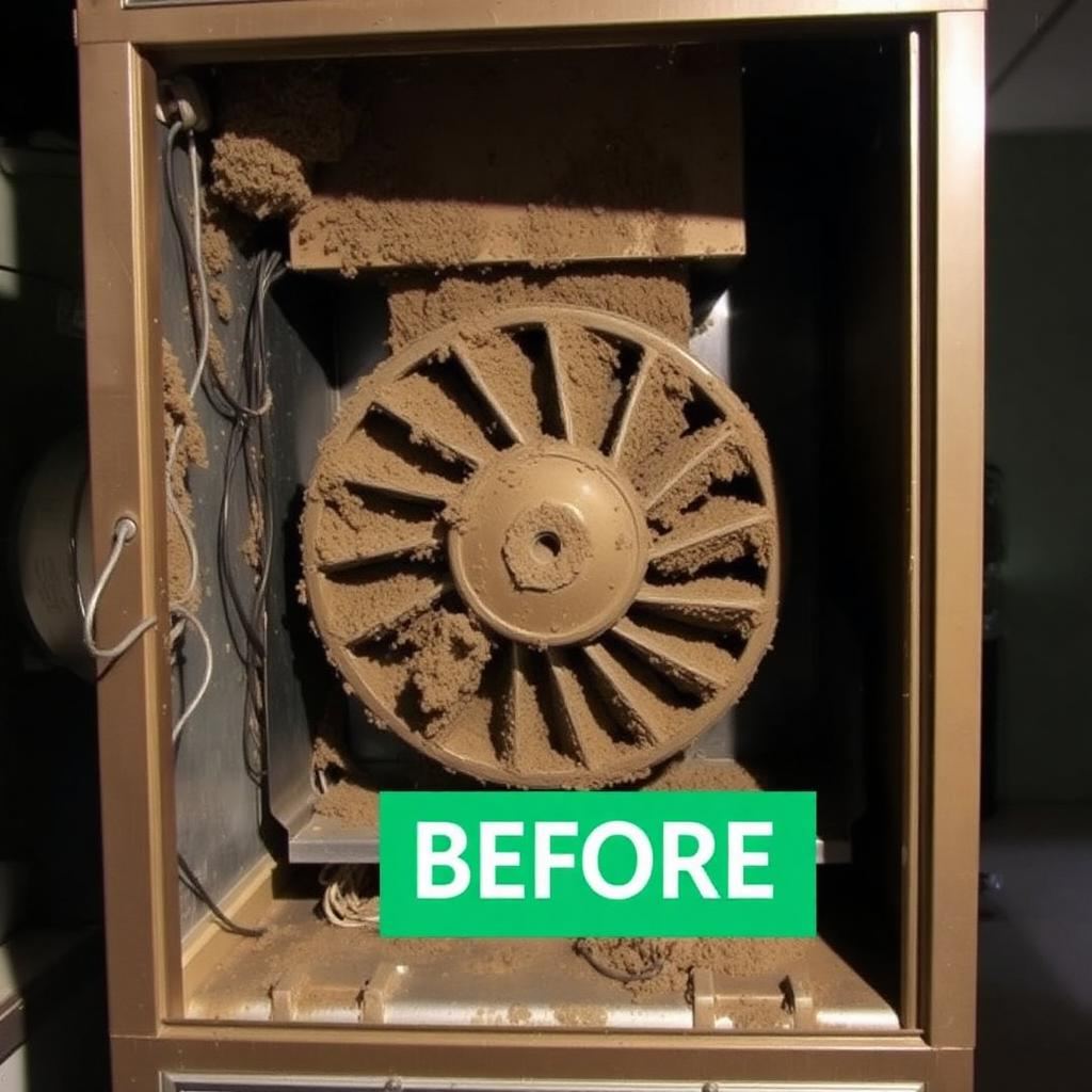 Furnace blower compartment caked with dust before cleaning